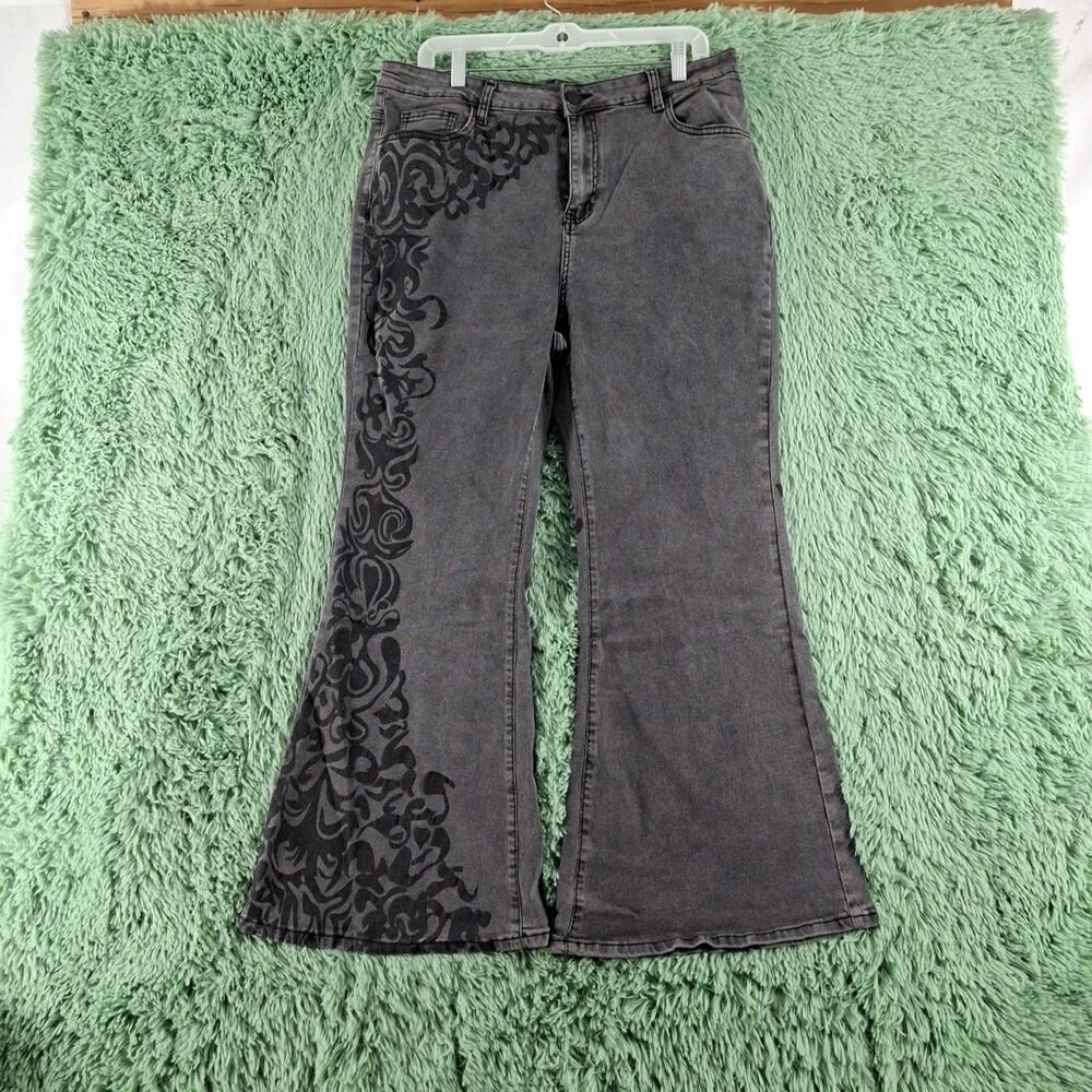 Romwe Jeans Womens 2xl Flare Wide Leg Baggy Black High Rise Stretch Goth Floral